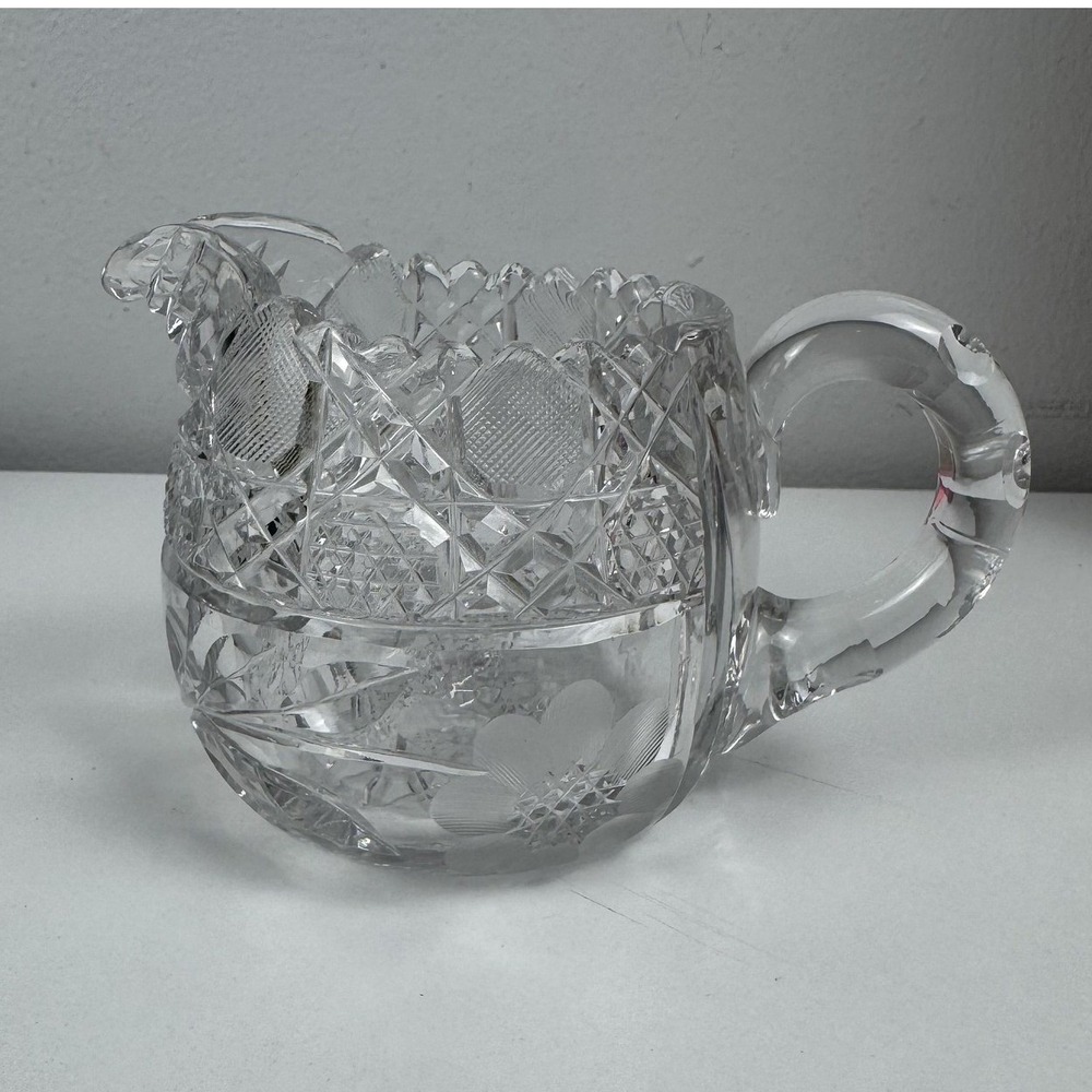 Vintage Clear Cut Crystal Creamer Floral Etched Heavy Starburst Base Unmarked